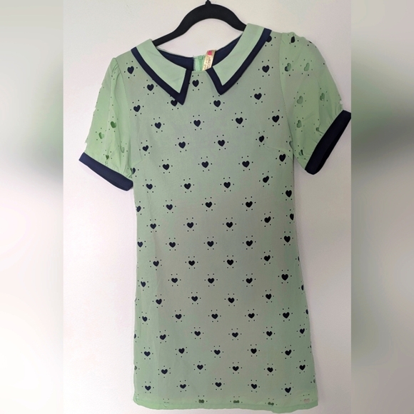 Alice Moon Light Mint Blue Mini Mod Heart Dress Short Sleeve Collar Size S - Picture 1 of 11